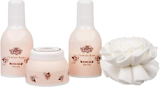4 Piece Elegant Ladies Fashion Rose Body & Bath Box Gift Set - Includes Shower Gel, Bubble Bath, Body Lotion and an Eva Puff