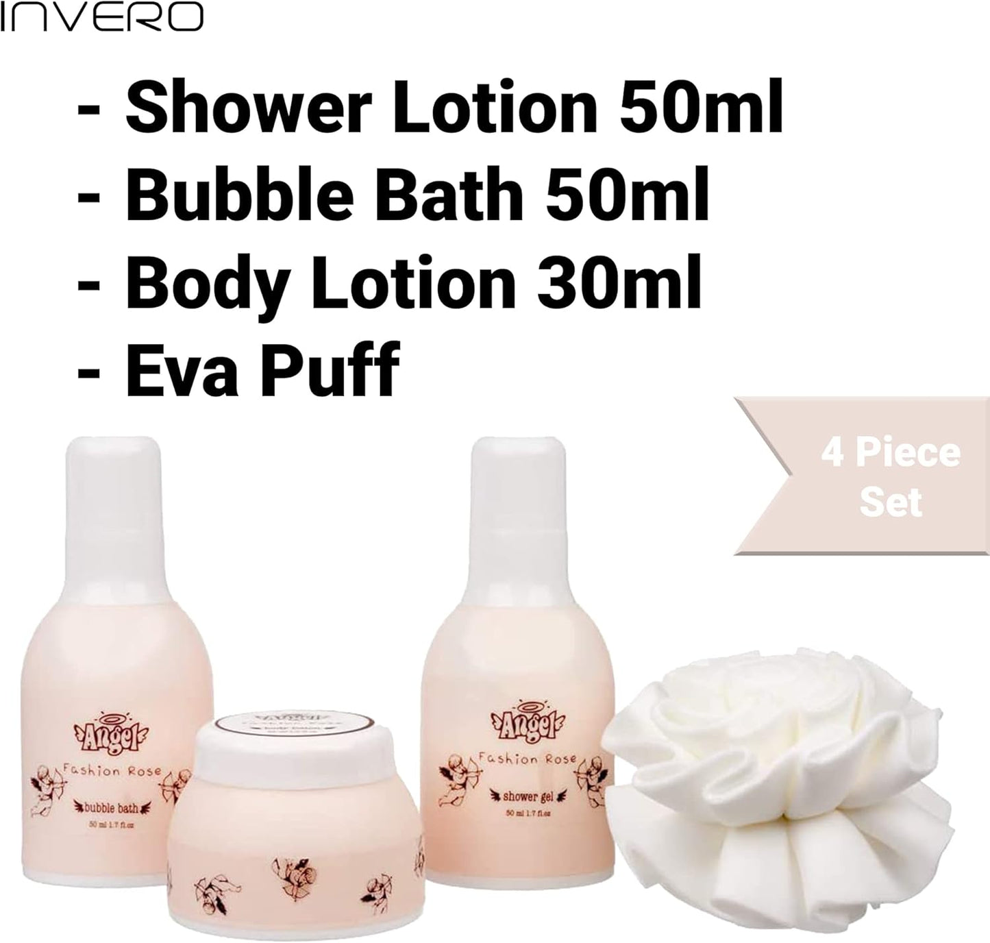 4 Piece Elegant Ladies Fashion Rose Body & Bath Box Gift Set - Includes Shower Gel, Bubble Bath, Body Lotion and an Eva Puff