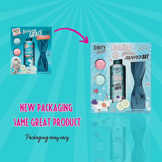 Dirty Works Bathing Grace Pamper Gift Set, Relaxing Vegan Spa Kit with Bubble Bath, Bath Fizzers, Headband & Cooling Eye Pads, Ultimate Bath & Body Care Gift