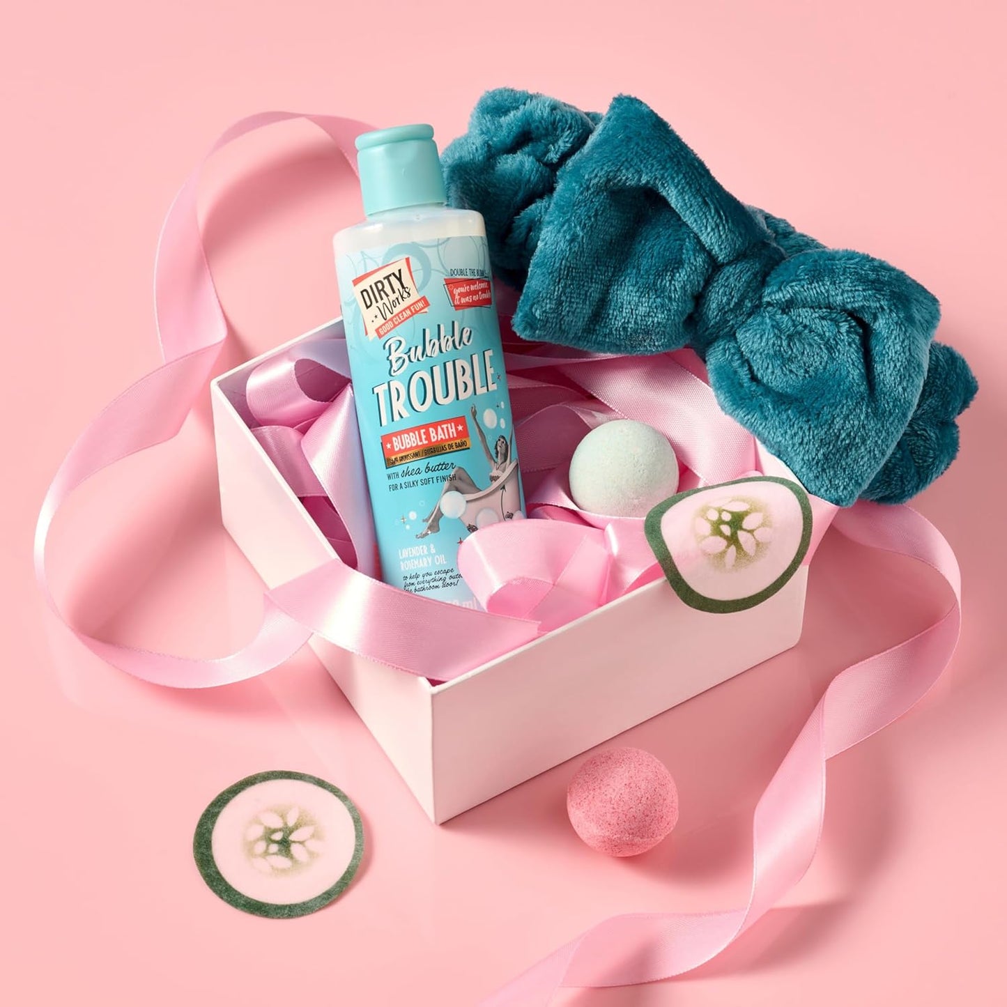 Dirty Works Bathing Grace Pamper Gift Set, Relaxing Vegan Spa Kit with Bubble Bath, Bath Fizzers, Headband & Cooling Eye Pads, Ultimate Bath & Body Care Gift