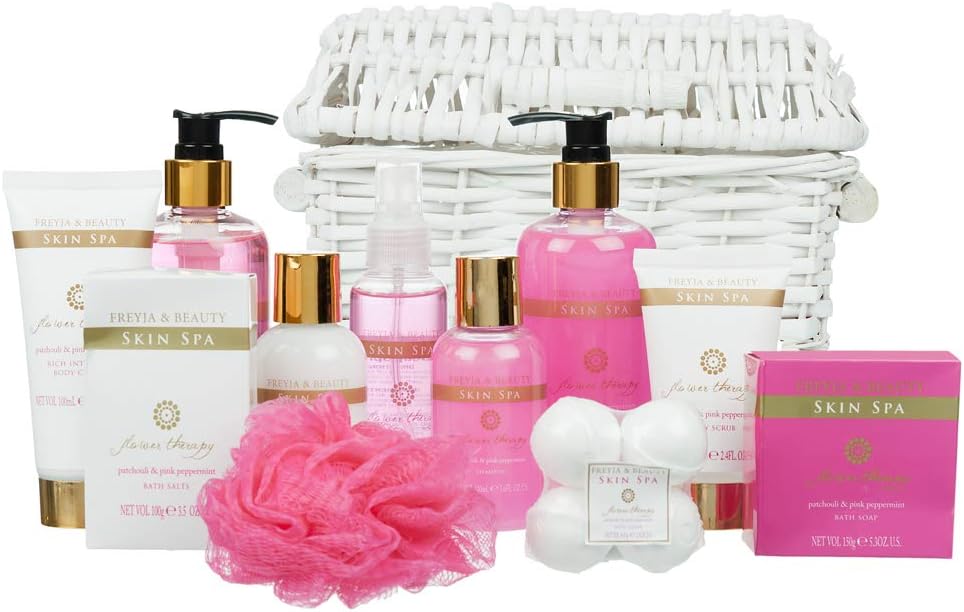 11 Piece Luxurious Patchouli & Pink Peppermint Body & Bath Spa Basket Gift Set - Includes all Bathing Essentials Complete with Large Basket and Bow Ribbon