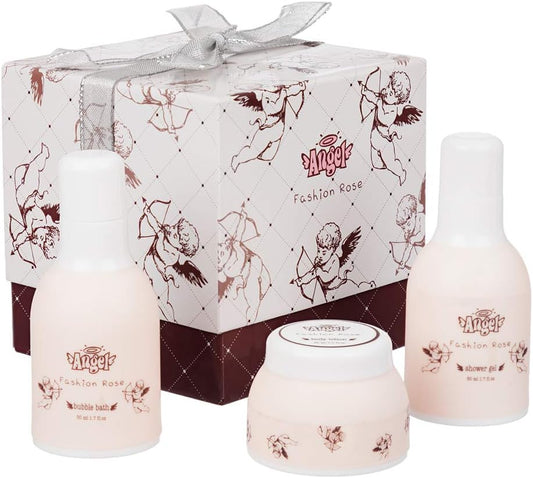 4 Piece Elegant Ladies Fashion Rose Body & Bath Box Gift Set - Includes Shower Gel, Bubble Bath, Body Lotion and an Eva Puff