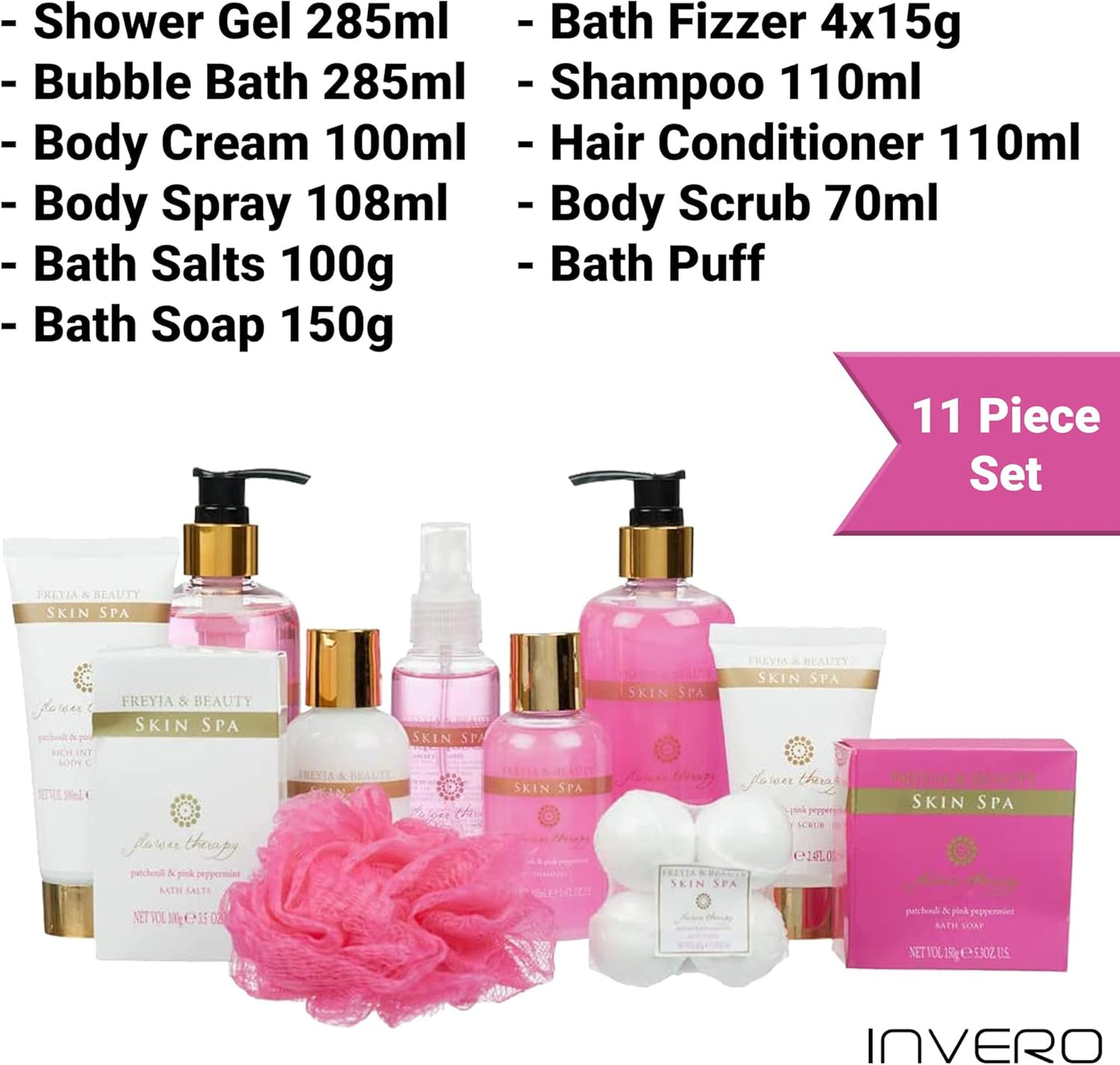 11 Piece Luxurious Patchouli & Pink Peppermint Body & Bath Spa Basket Gift Set - Includes all Bathing Essentials Complete with Large Basket and Bow Ribbon