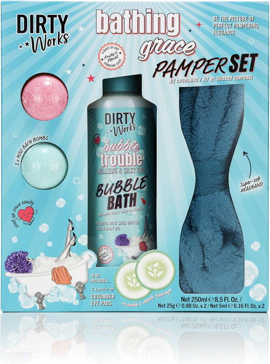 Dirty Works Bathing Grace Pamper Gift Set, Relaxing Vegan Spa Kit with Bubble Bath, Bath Fizzers, Headband & Cooling Eye Pads, Ultimate Bath & Body Care Gift
